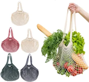 Lemonfilter Reusable Mesh Grocery Bags 5 Pack, Washable Cotton String Shopping Bag, Cotton Mesh Produce Bag with Long Handle Net Tote Bag for Fruit Vegetables Farmers Market Shopping (4 Color)