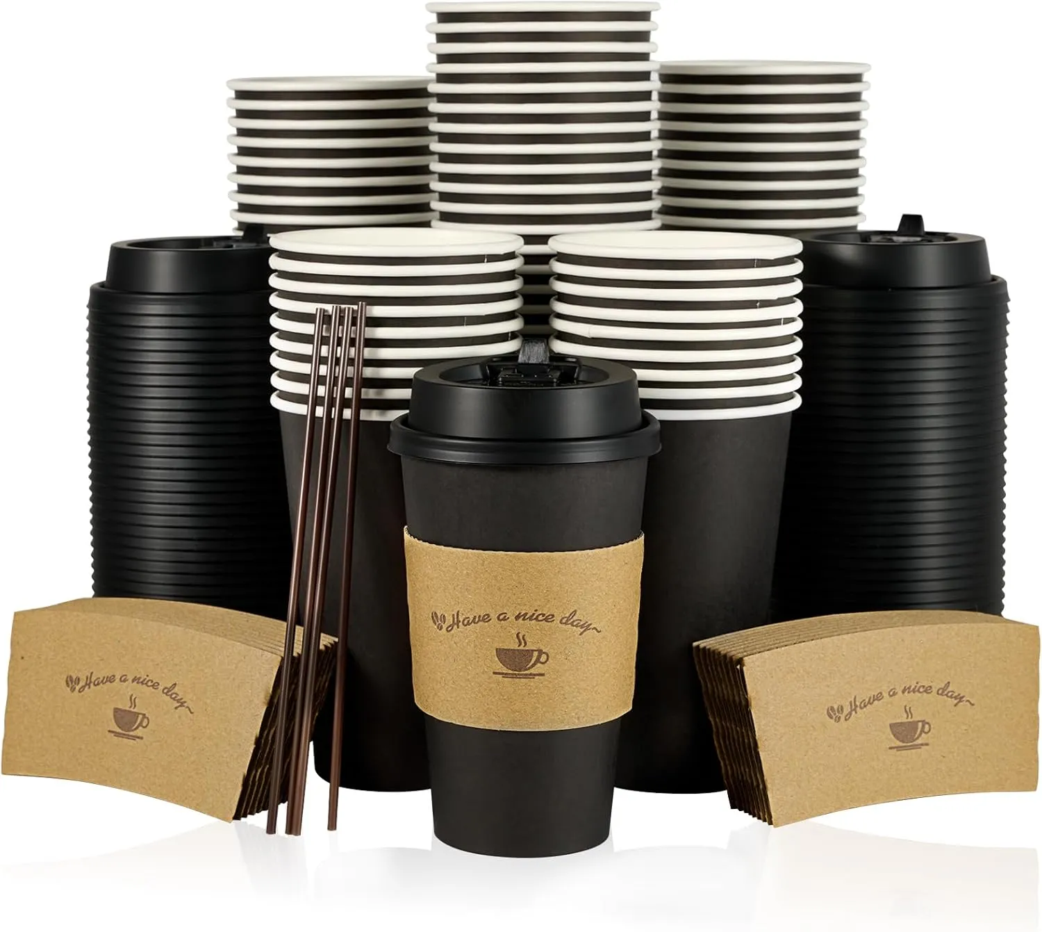 LITOPAK 100 Pack 16 oz Paper Coffee Cups for Hot Chocolate Drinks, Black Disposable Coffee Cups with Lids, Sleeves and Stirring Sticks for Parties, Picnic, Travel, and Events