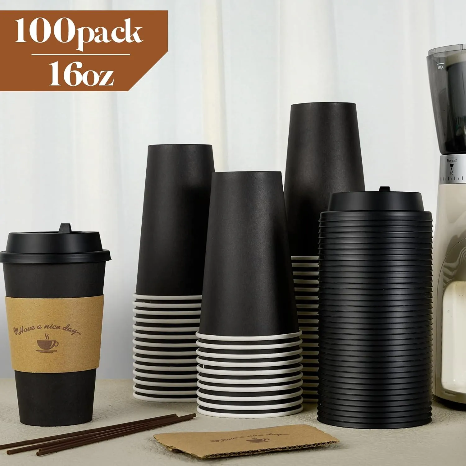 LITOPAK 100 Pack 16 oz Paper Coffee Cups for Hot Chocolate Drinks, Black Disposable Coffee Cups with Lids, Sleeves and Stirring Sticks for Parties, Picnic, Travel, and Events