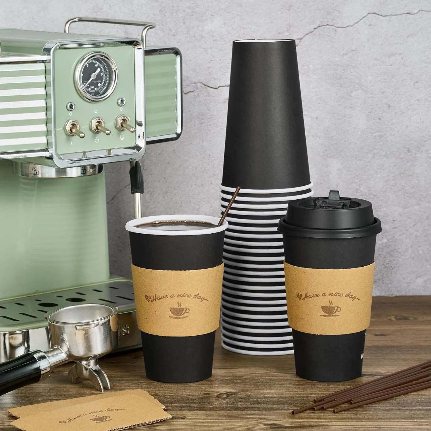 LITOPAK 100 Pack 16 oz Paper Coffee Cups for Hot Chocolate Drinks, Black Disposable Coffee Cups with Lids, Sleeves and Stirring Sticks for Parties, Picnic, Travel, and Events