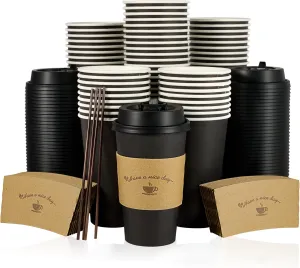 LITOPAK 100 Pack 16 oz Paper Coffee Cups for Hot Chocolate Drinks, Black Disposable Coffee Cups with Lids, Sleeves and Stirring Sticks for Parties, Picnic, Travel, and Events