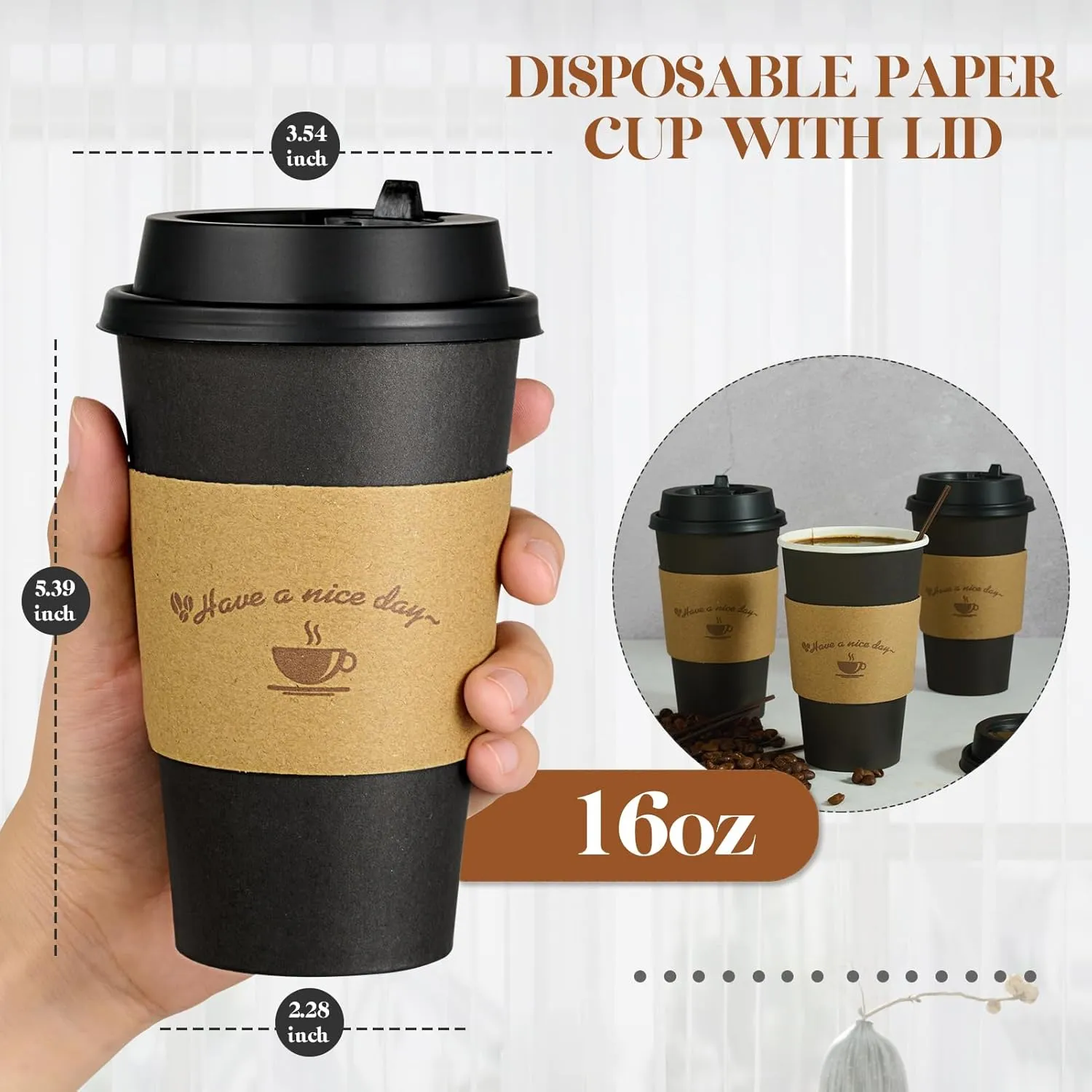 LITOPAK 100 Pack 16 oz Paper Coffee Cups for Hot Chocolate Drinks, Black Disposable Coffee Cups with Lids, Sleeves and Stirring Sticks for Parties, Picnic, Travel, and Events