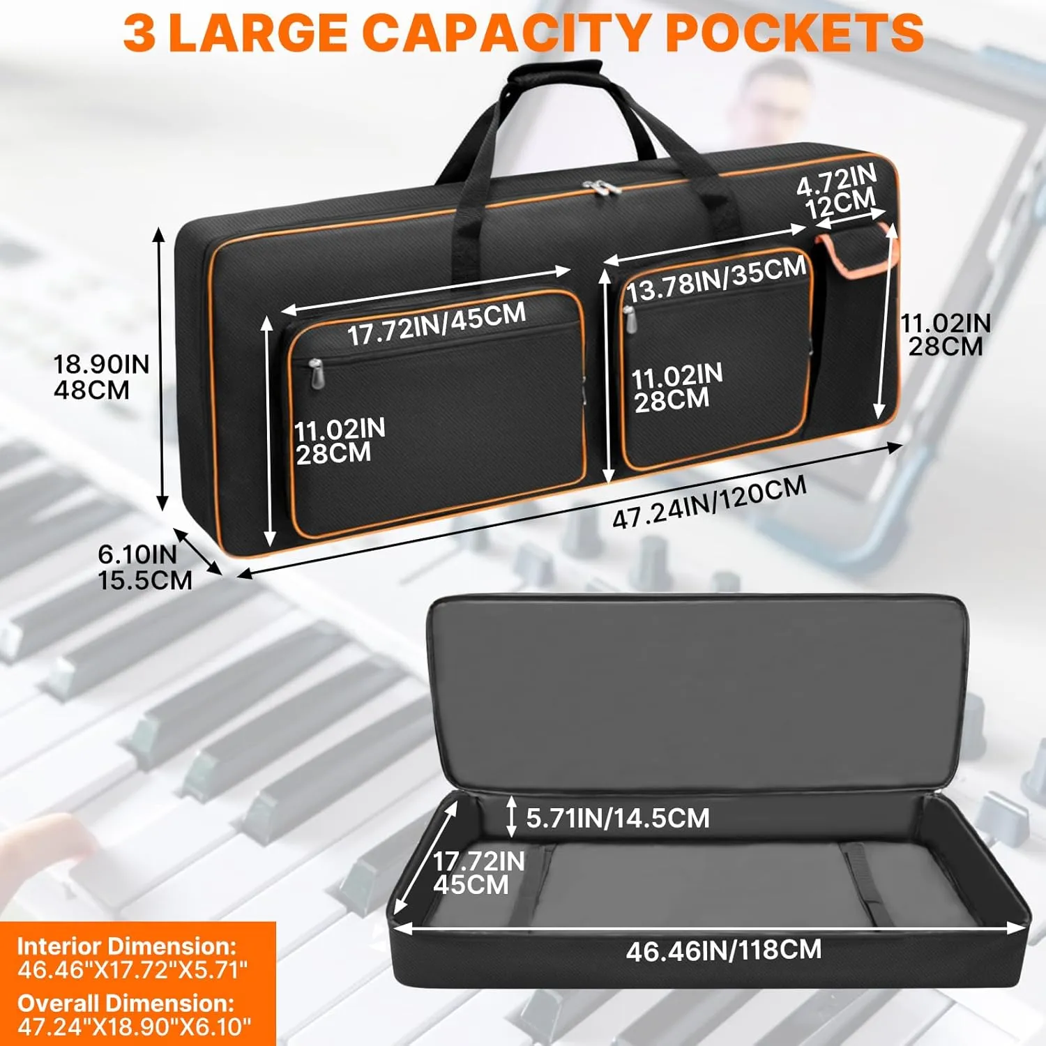 LIWSHWZ 76 Key Keyboard Case,10mm Pearl Cotton Full Padded Electric Piano Keyboard Gig Bag with Handles,Adjustable Shoulder Straps,46.4"X17.7"X5.7"Waterproof Piano Keyboard Bag with 5 Accessory Pocket