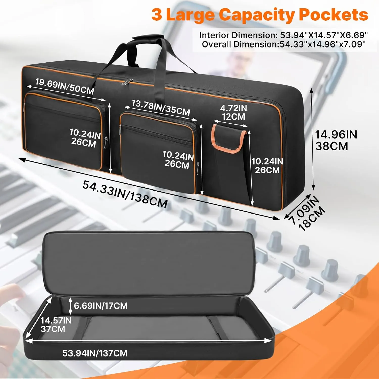 LIWSHWZ 88 Key Keyboard Case,10mm Pearl Cotton Full Padded Electric Piano Keyboard Gig Bag with Handles,Adjustable Shoulder Straps,53.9"X14.5"X6.6"Waterproof Piano Keyboard Bag with 5 Accessory Pocket