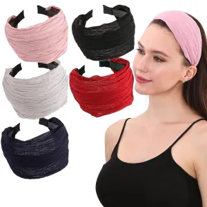 LONEEDY 5 Pack Wide Hard Headband with Teeth for Women, Girls’s Hair Band Pleated Cloth Fabric Hair Hoop Accessories (Mixed colors A)