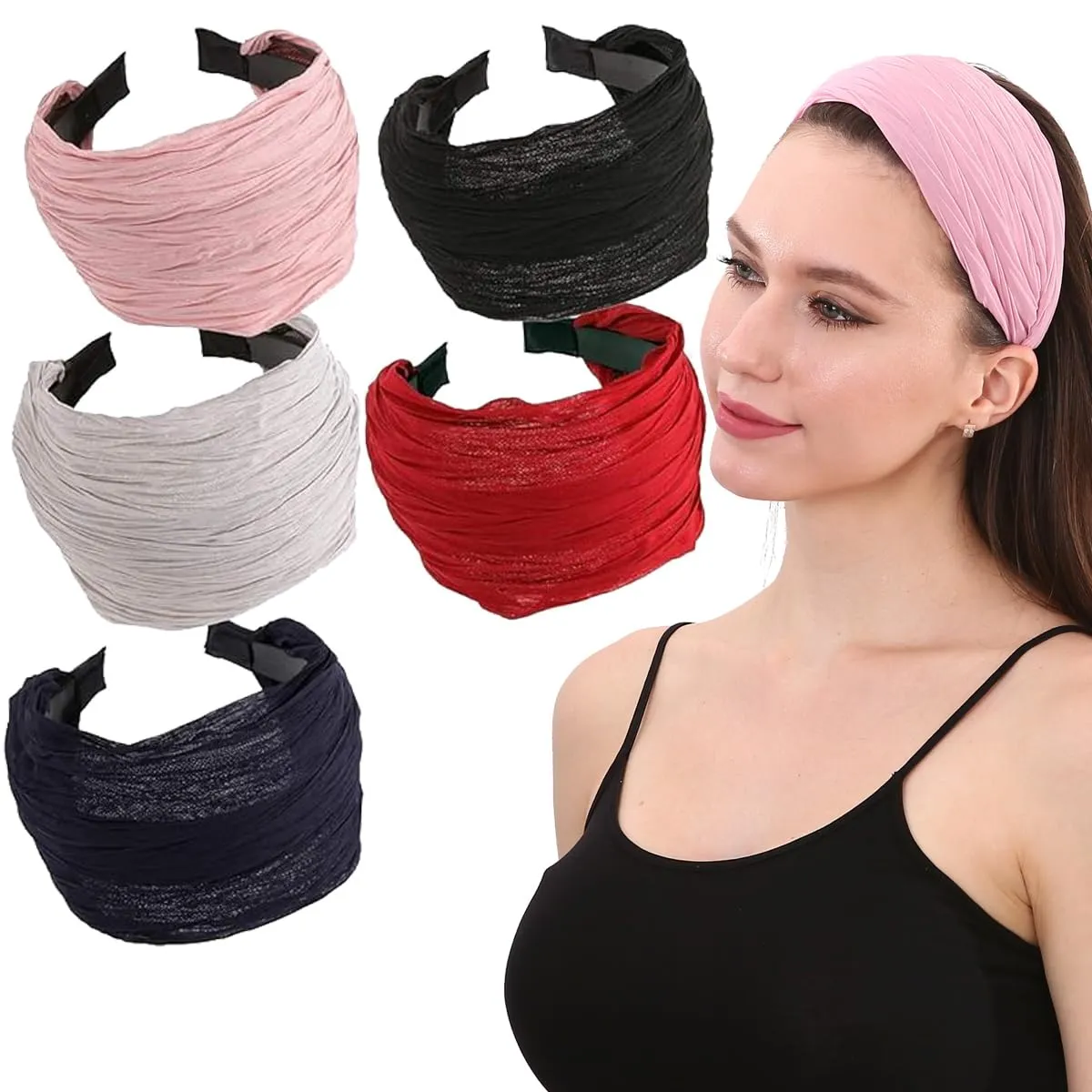 LONEEDY 5 Pack Wide Hard Headband with Teeth for Women, Girls’s Hair Band Pleated Cloth Fabric Hair Hoop Accessories (Mixed colors A)