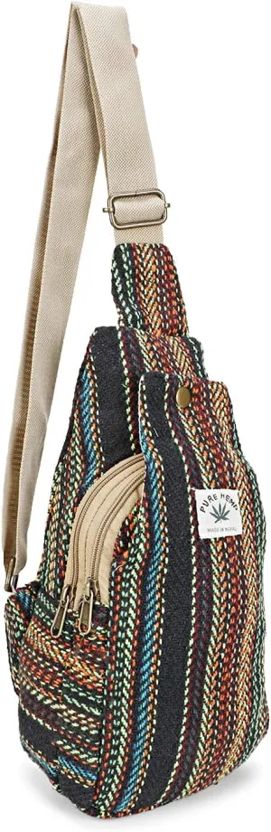 LONGING TO BUY Hemp Sling Backpack - Cross Body Bag & Shoulder Backpack with Adjustable Strap for Men & Women (Multi Black-Chest Belt)