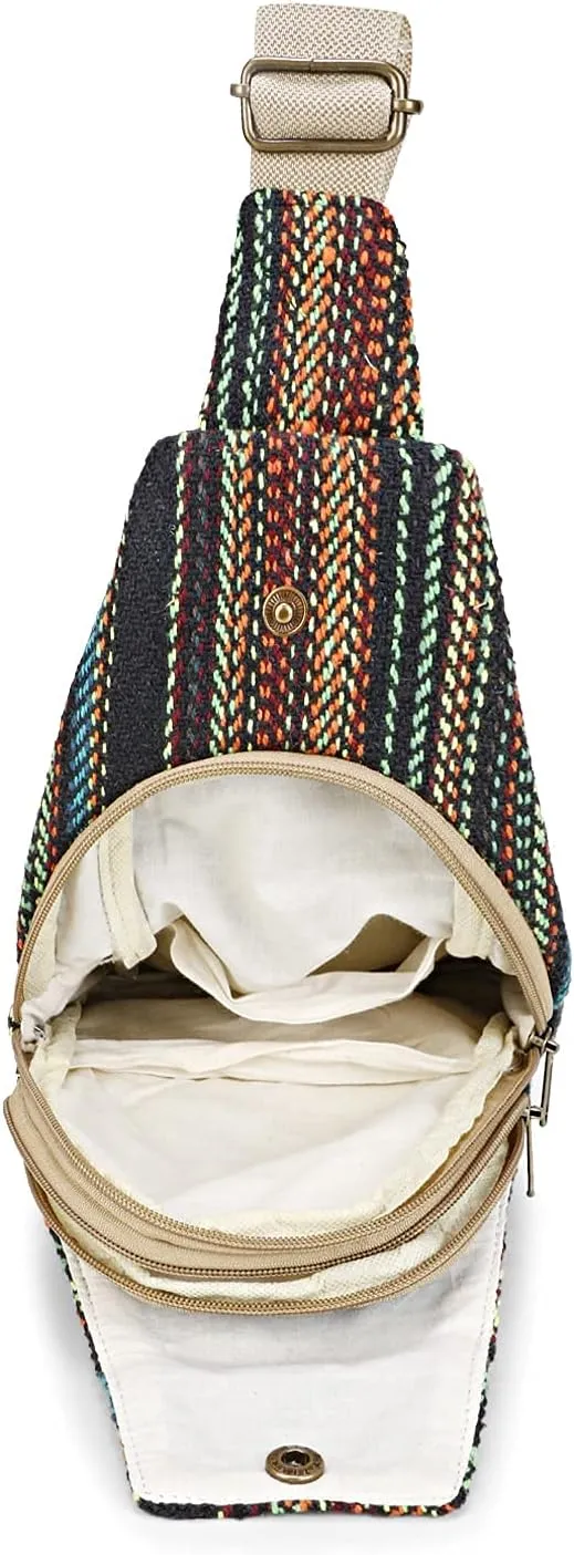 LONGING TO BUY Hemp Sling Backpack - Cross Body Bag & Shoulder Backpack with Adjustable Strap for Men & Women (Multi Black-Chest Belt)