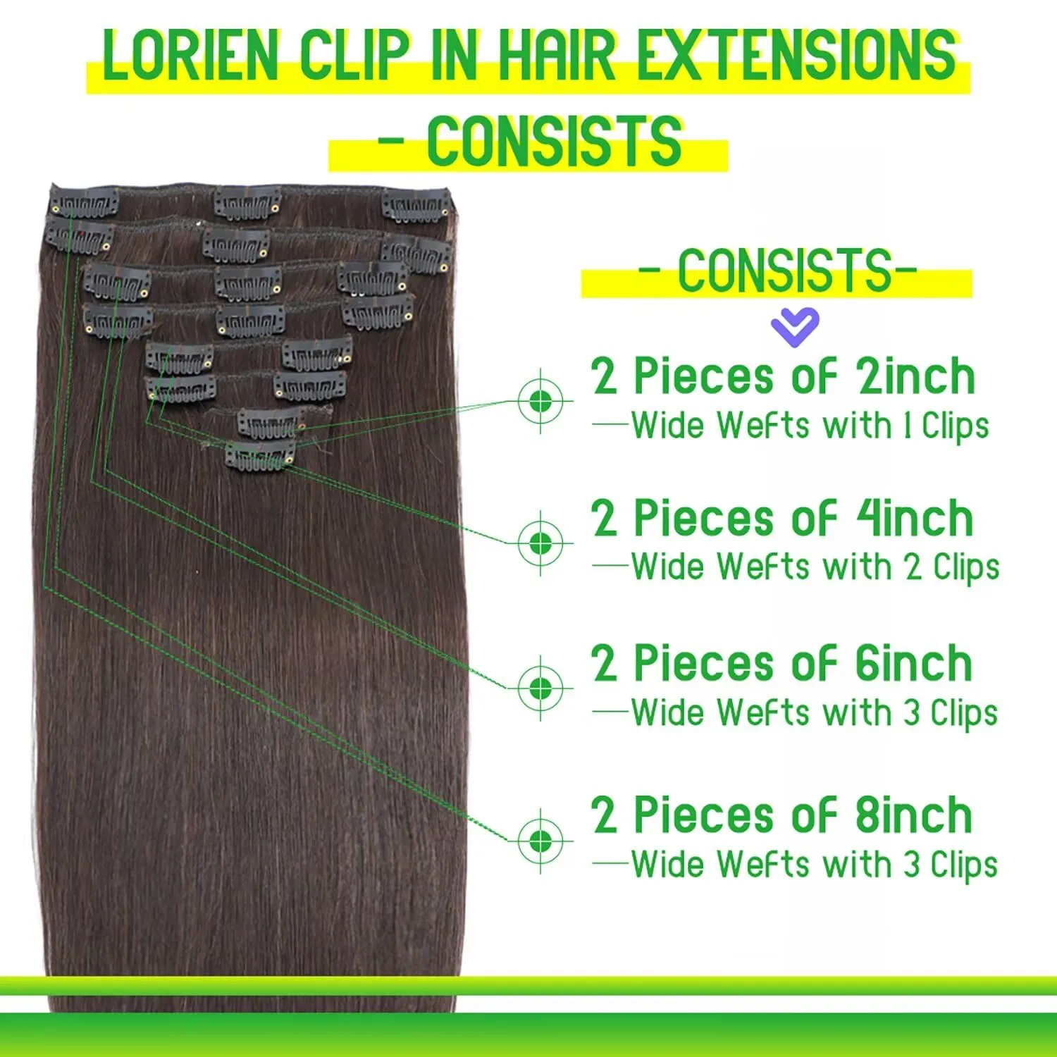 LORIEN Clip in Hair Extensions Real Human Hair, 14 Inch 80g, 2 Darkest Brown, Clip in 100% Brazilian Remy Human Hair Extensions 8pcs Per Set with 18 Clips Double Weft