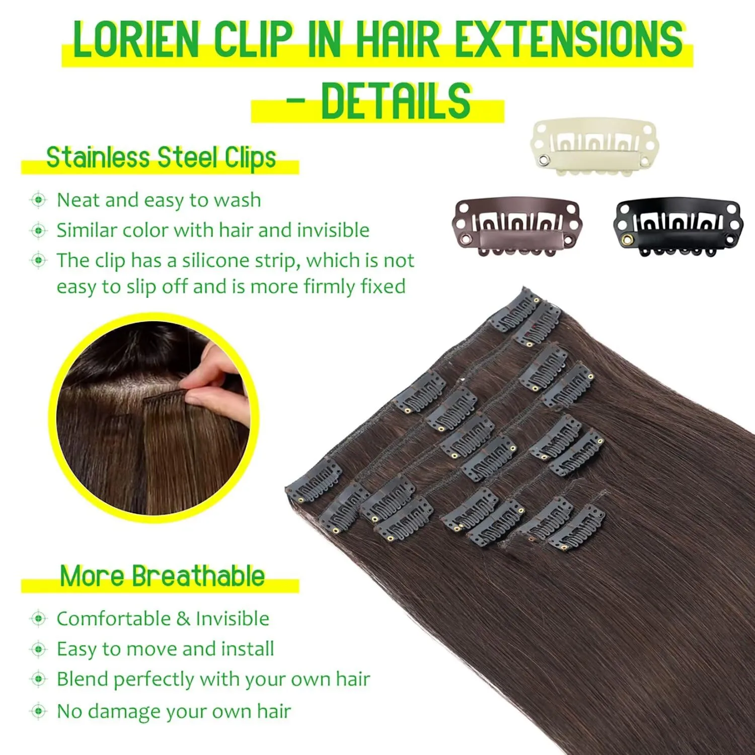 LORIEN Clip in Hair Extensions Real Human Hair, 14 Inch 80g, 2 Darkest Brown, Clip in 100% Brazilian Remy Human Hair Extensions 8pcs Per Set with 18 Clips Double Weft