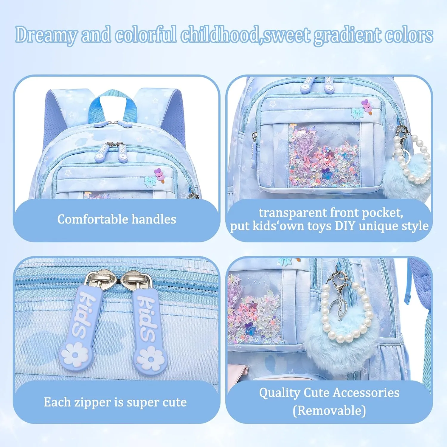 Lovely Girls Backpack School Bag for Students Kids Book Bag with Multiple Pockets Splash-proof Children's Backpack（17inch Blue）