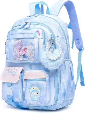 Lovely Girls Backpack School Bag for Students Kids Book Bag with Multiple Pockets Splash-proof Children's Backpack（17inch Blue）