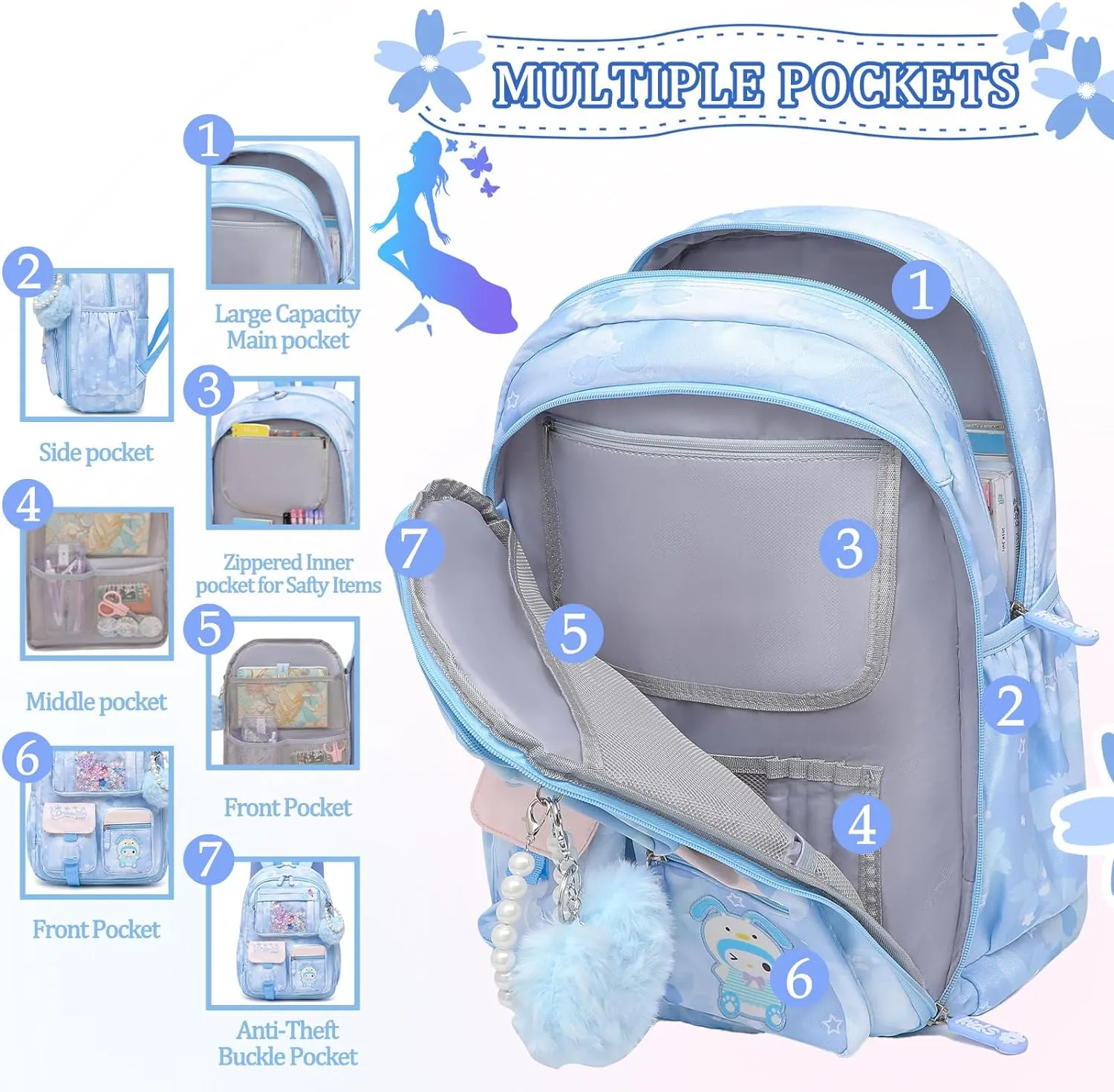 Lovely Girls Backpack School Bag for Students Kids Book Bag with Multiple Pockets Splash-proof Children's Backpack（17inch Blue）