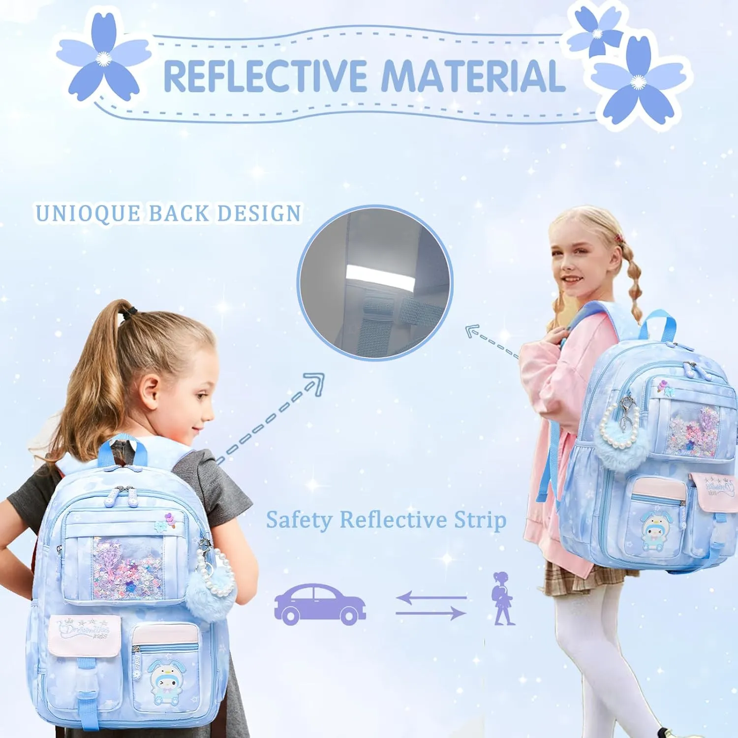 Lovely Girls Backpack School Bag for Students Kids Book Bag with Multiple Pockets Splash-proof Children's Backpack（17inch Blue）