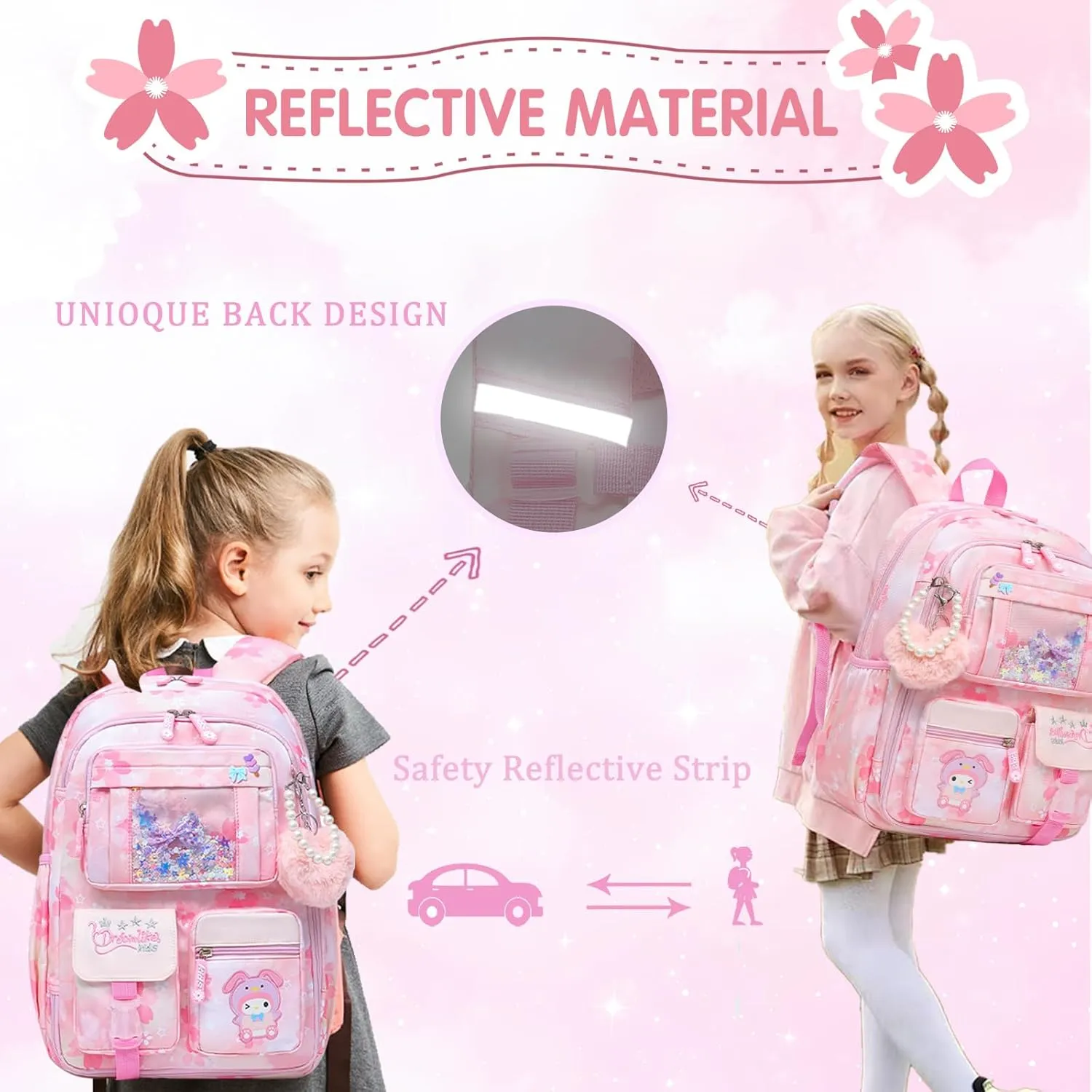 Lovely Girls Backpack School Bag for Students Kids Book Bag with Multiple Pockets Splash-proof Children's Backpack（17inch Pink）
