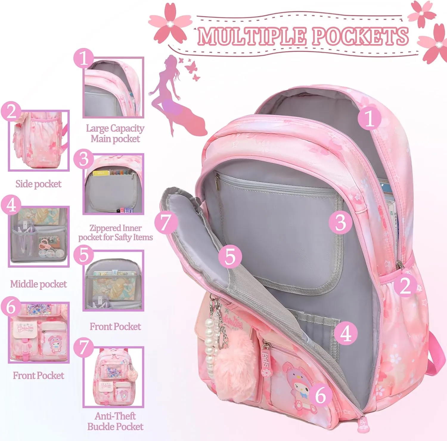 Lovely Girls Backpack School Bag for Students Kids Book Bag with Multiple Pockets Splash-proof Children's Backpack（17inch Pink）