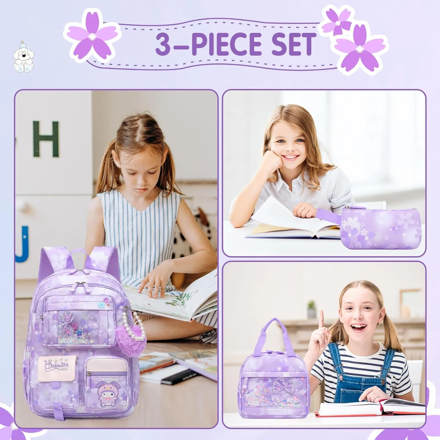 Lovely Girls Backpack School Bag for Students Kids Book Bag with Multiple Pockets Splash-proof Children's Backpack（17inch Set Purple）