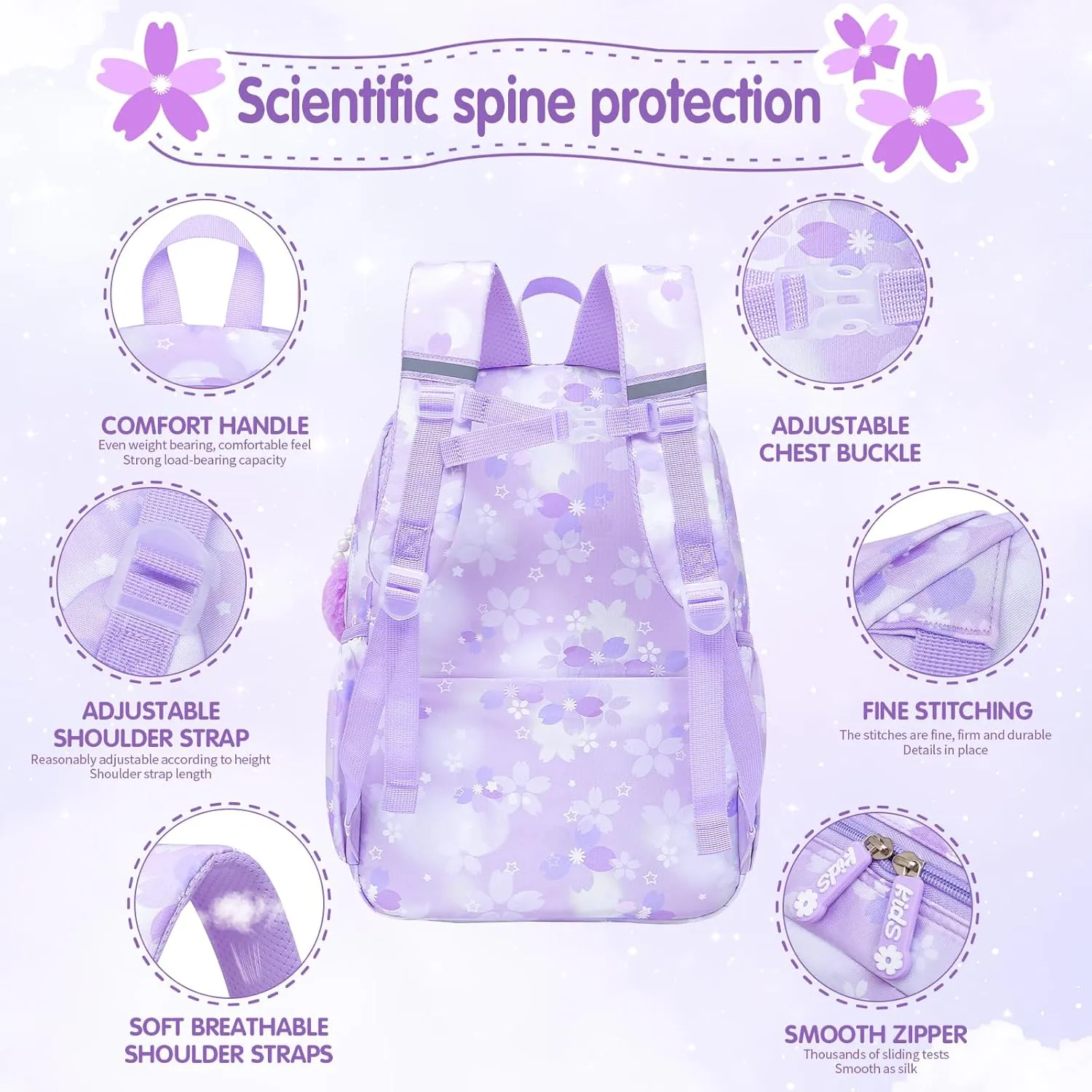 Lovely Girls Backpack School Bag for Students Kids Book Bag with Multiple Pockets Splash-proof Children's Backpack（17inch Set Purple）