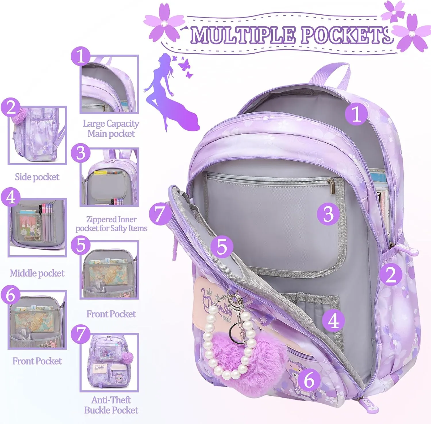Lovely Girls Backpack School Bag for Students Kids Book Bag with Multiple Pockets Splash-proof Children's Backpack（17inch Set Purple）