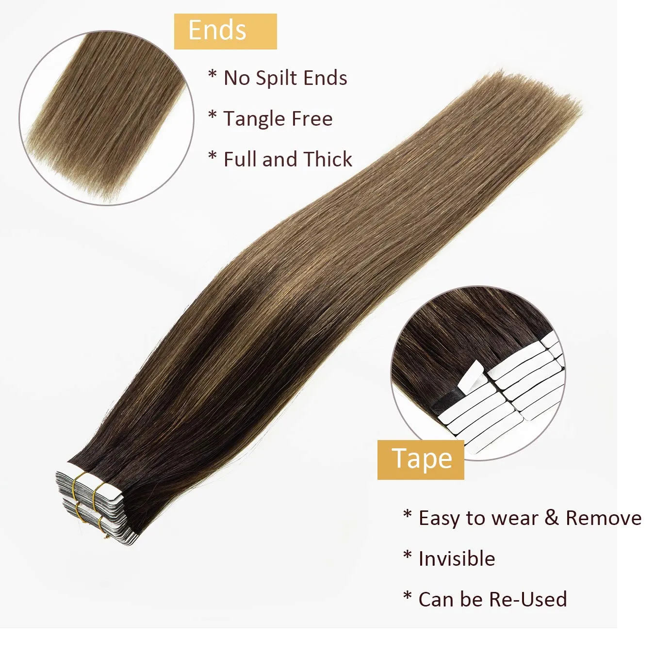Loxxy Tape in Hair Extensions Human Hair Invisible Remy Brazilian Hair Extensions Tape in Balayage #2-6 Darkest Brown Mixed With Medium Brown Natural Straight Thick Hair 14inch 50Gram