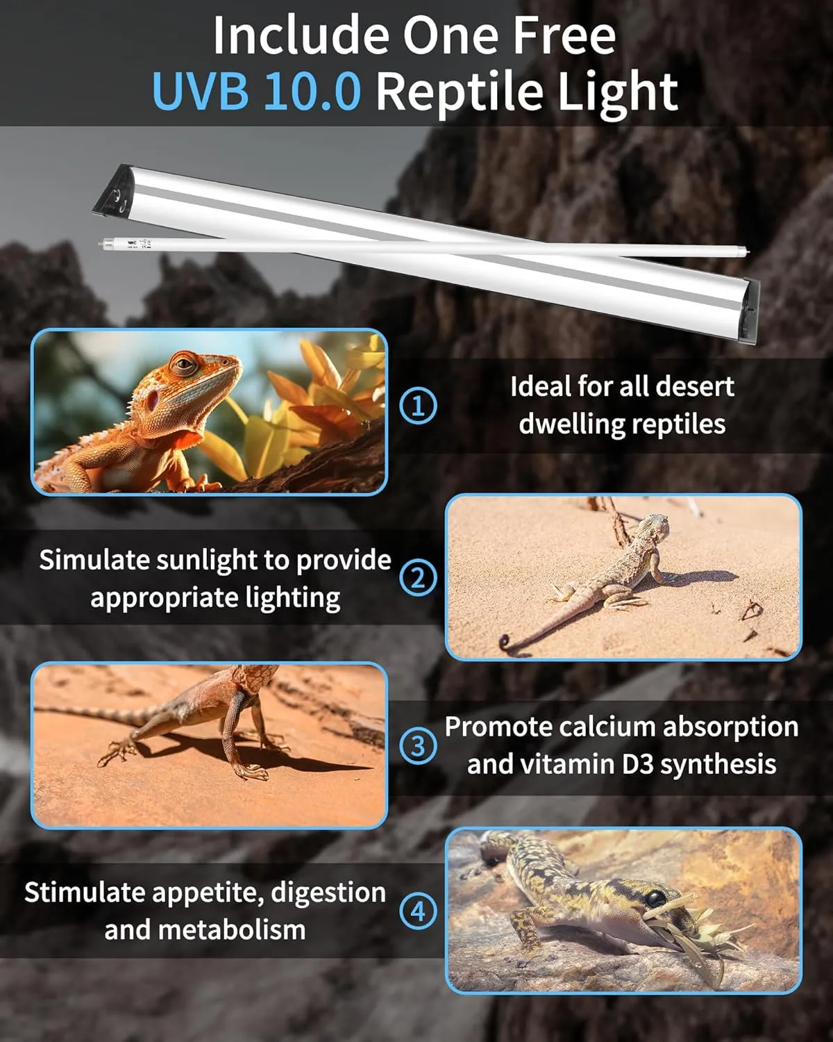 LUCKY HERP T5 Reptile Light Fixture Combo Kit 39W (New Upgrade), UVB Reptile Light Fixture with Desert UVB 10.0 34" Fluorescent Tube, UVA UVB Reptile Light for Lizard, Bearded Dragon, Tortoise