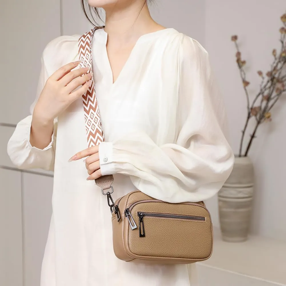 Lushandy Genuine Leather Crossbody Bags for Women Trendy Crossbody Camera Purse Small Shoulder Bag with Guitar Strap