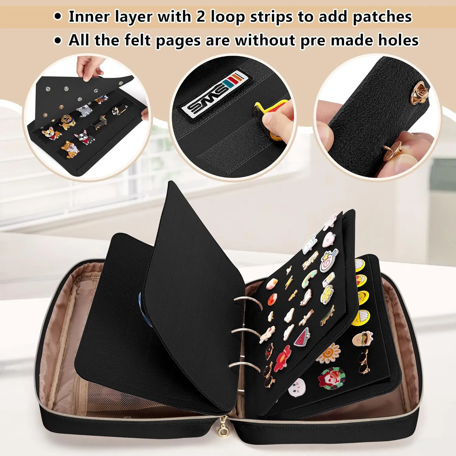 LUXJA Pin Display Bag with Detachable Pages (Fit for Pins, Brooches and Patches), Pin Bag Pin Book with Accessory Pockets, Black