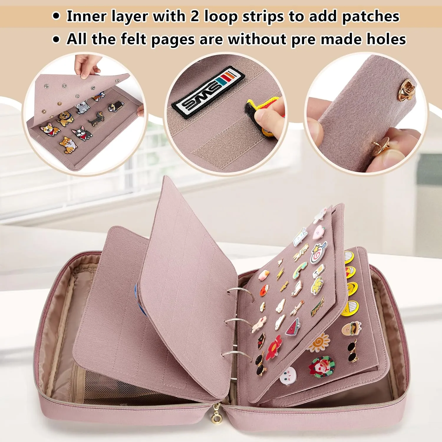 LUXJA Pin Display Bag with Detachable Pages (Fit for Pins, Brooches and Patches), Pin Bag Pin Book with Accessory Pockets, Pale Rose