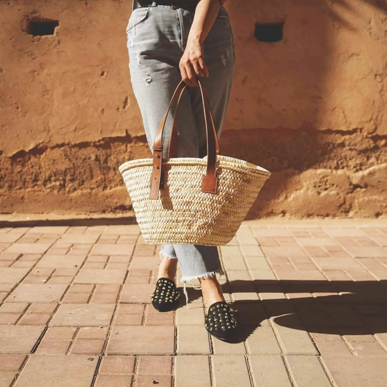 LUXURY FRENCH BASKET with leather handles, Chic Parisian Style: Premium French Baskets, beach bag, straw bag, french market basket with handle (Brown)