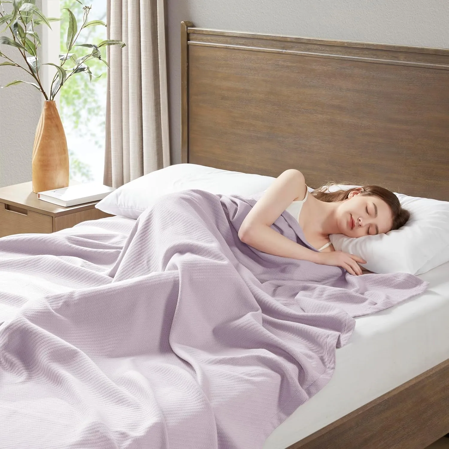 Madison Park Liquid Cotton Blanket Breathable, Softer Ring Spun Weave, Diamond Motif, Luxurious 100% Cotton All Seasons Lightweight Summer Blanket for Bed, Couch, Office, Lilac, Twin