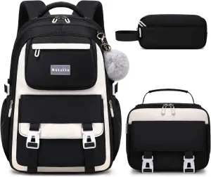 Makukke School Backpack for Girls Book Bag Set, School Bag for Teens Girls Kid Children Elementary Middle School Student, Waterproof Black Backpack