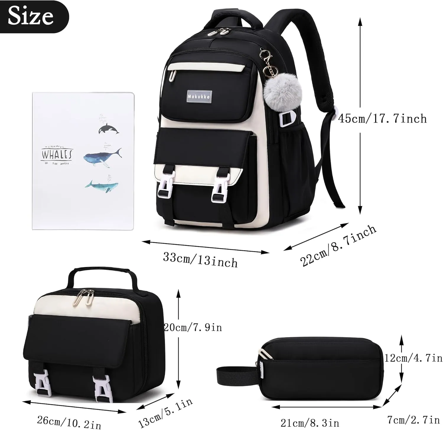 Makukke School Backpack for Girls Book Bag Set, School Bag for Teens Girls Kid Children Elementary Middle School Student, Waterproof Black Backpack