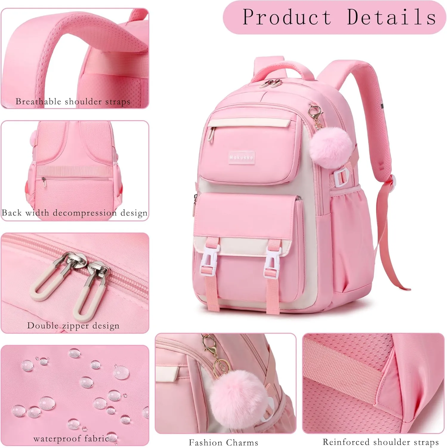 Makukke School Backpack for Girls Book Bag Set, School Bag for Teens Girls Kid Children Elementary Middle School Student, Waterproof Black Backpack