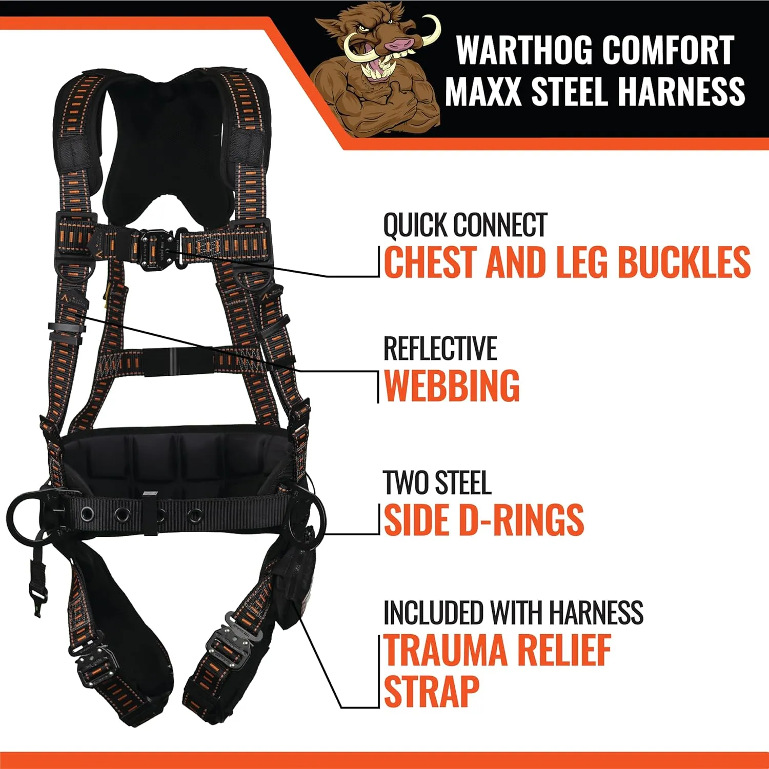 Malta Dynamics Warthog Comfort MAXX Steel Safety Harness for Fall Protection, OSHA/ANSI Rated