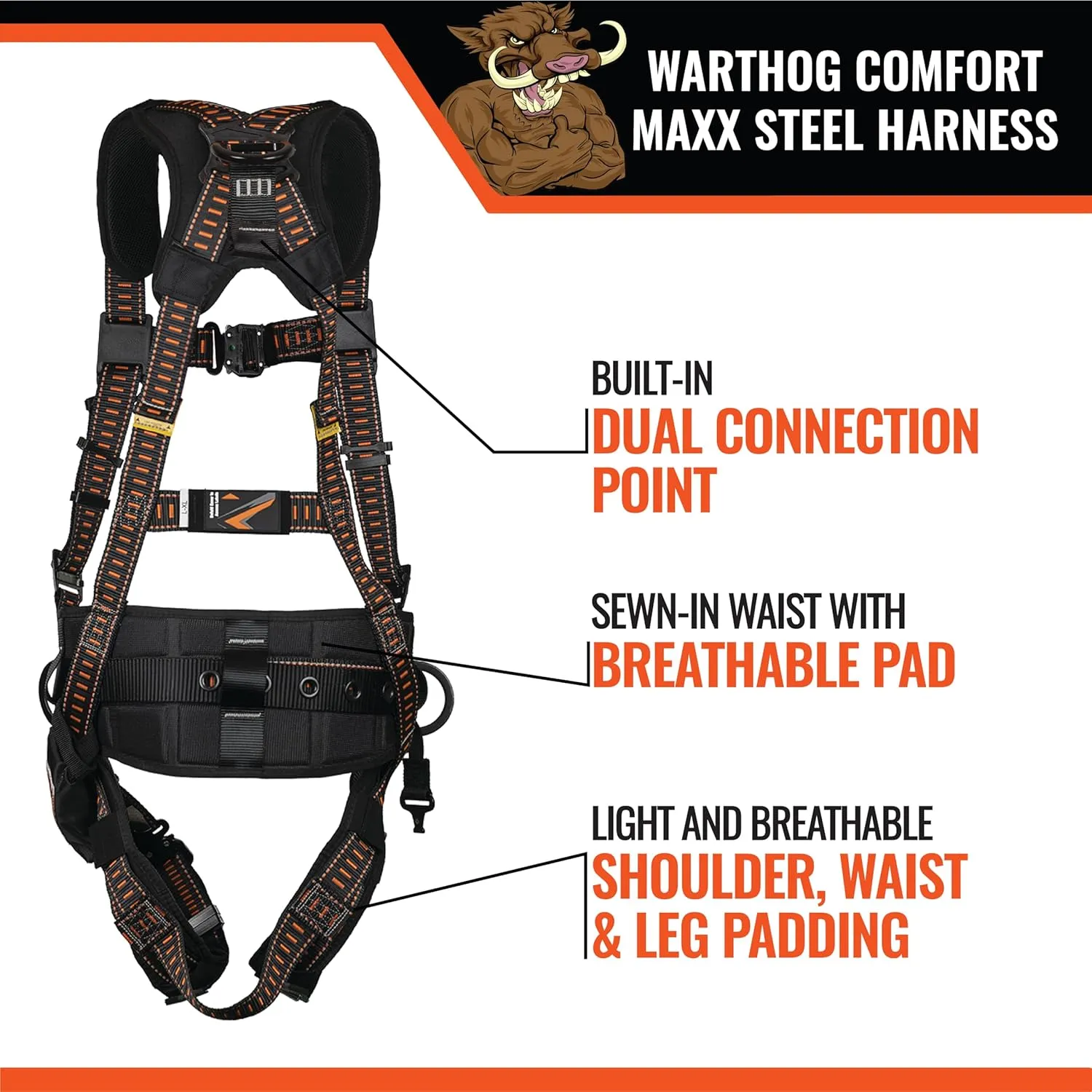 Malta Dynamics Warthog Comfort MAXX Steel Safety Harness for Fall Protection, OSHA/ANSI Rated