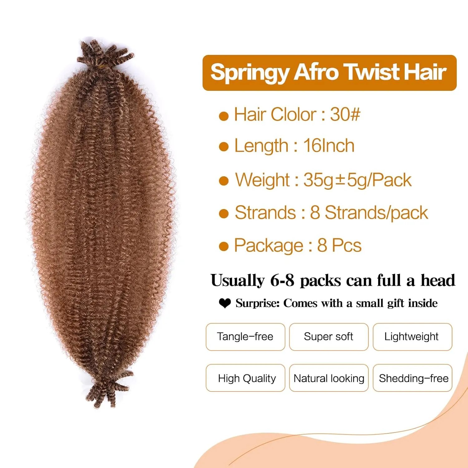 Marley Twist Braiding Hair 16 Inch Afro Twist Hair 8 Packs Marley Hair Spring Twist Hair Synthetic Kinky Twist Hair Wrapping Hair Extensions for Soft Locs(16 Inch,8Pack,30#)