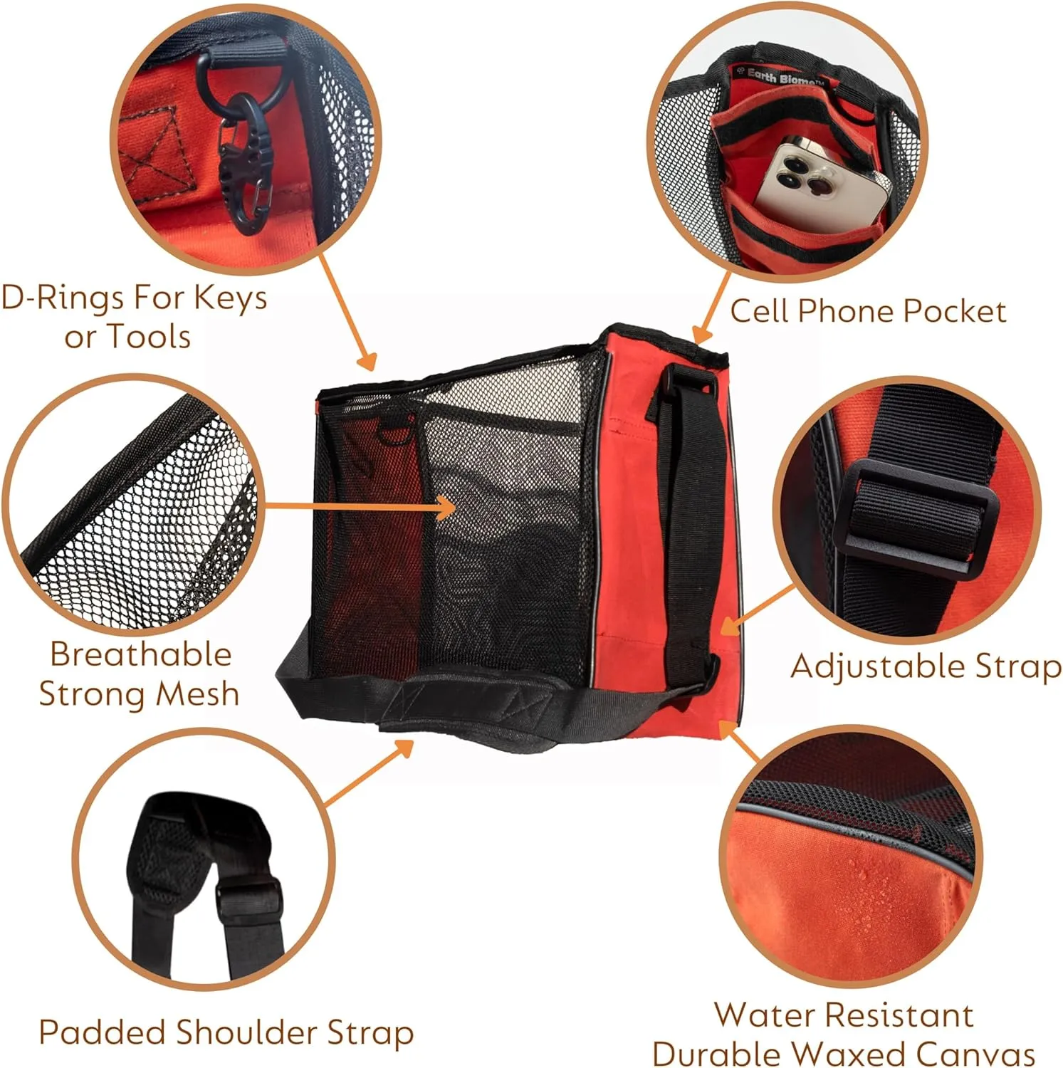 Medium Waxed Canvas and Mesh Foraging Bag for Mushroom Gathering, Fruit Picking, and Gardening Bag (Red-Orange Medium)