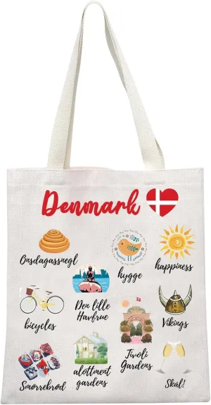 MEIKIUP Denmark Travel Culture Gift Danish Gems & Landmarks Souvenir Tote Bag Copenhagen Tourist Shoulder Bag