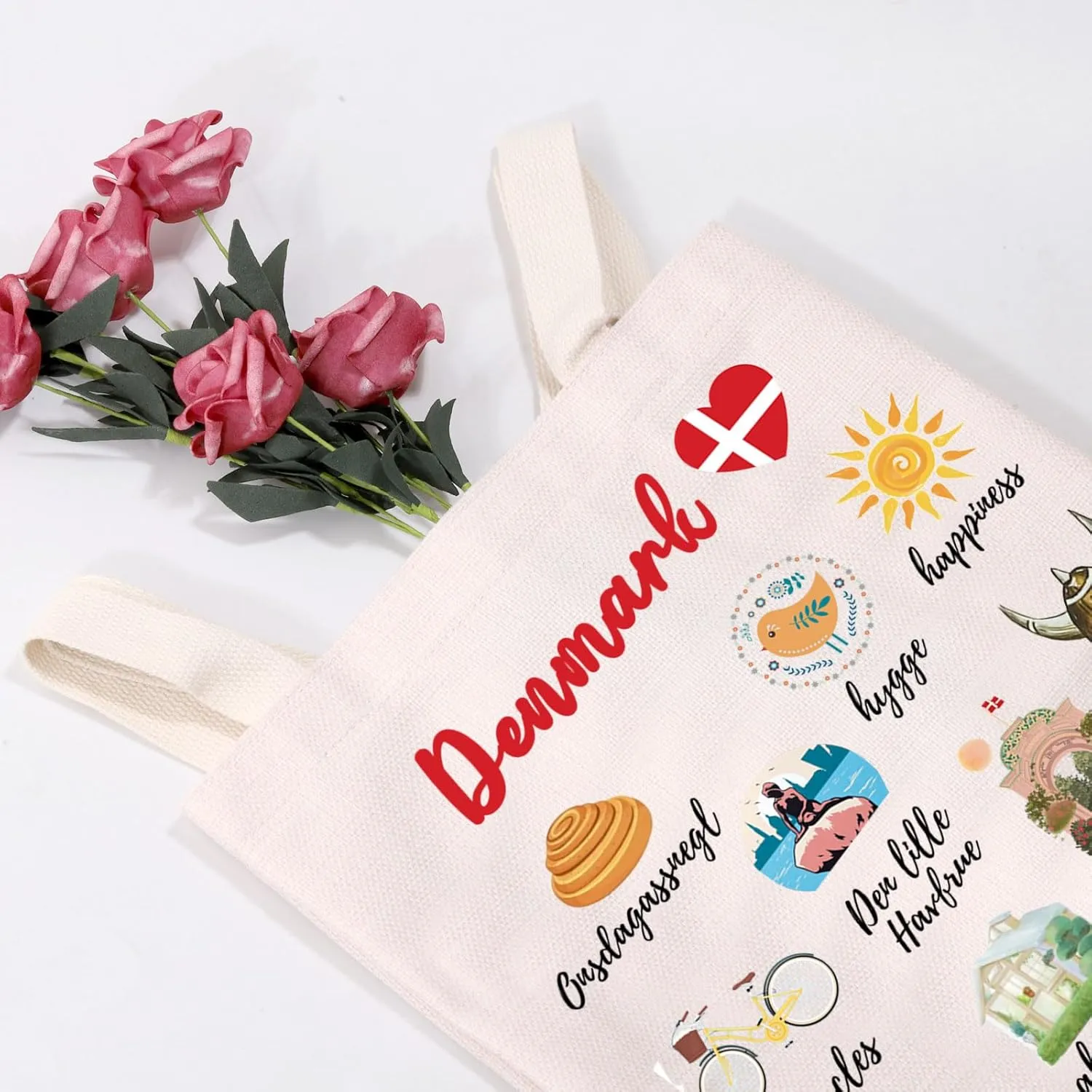 MEIKIUP Denmark Travel Culture Gift Danish Gems & Landmarks Souvenir Tote Bag Copenhagen Tourist Shoulder Bag