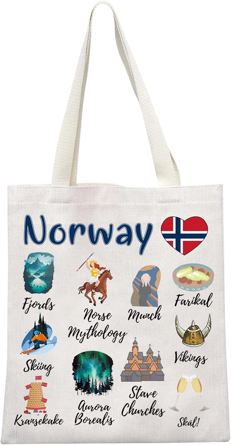 MEIKIUP Norwegian Gift Norwegian Landmarks Souvenir Tote Bag Norway Viking Shoulder Bag Northern Europe Travel Souvenir Gift
