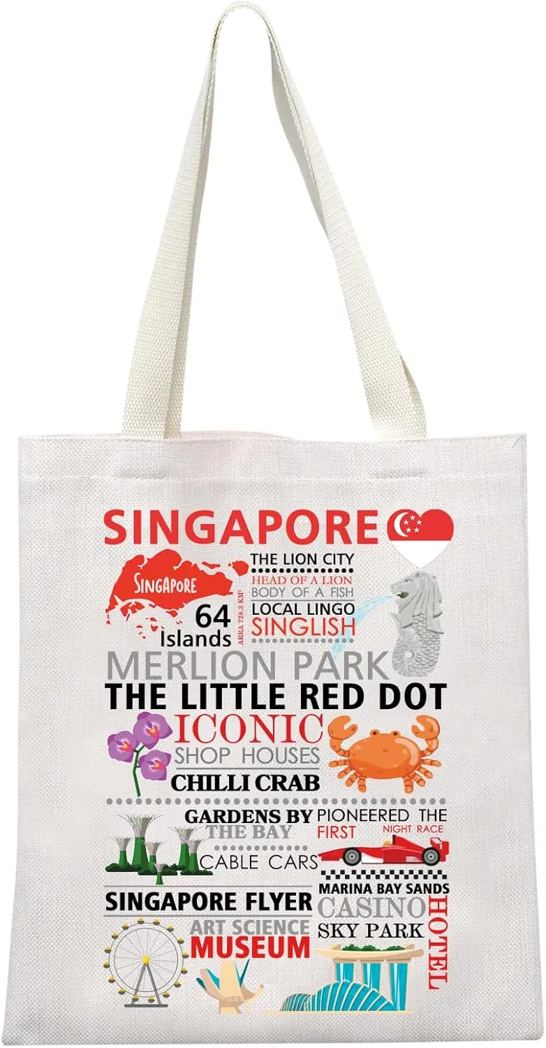 MEIKIUP Singapore Travel Gift Singapore Iconic Lion Souvenir Tote Bag Singaporean Culture Food Shoulder Bag