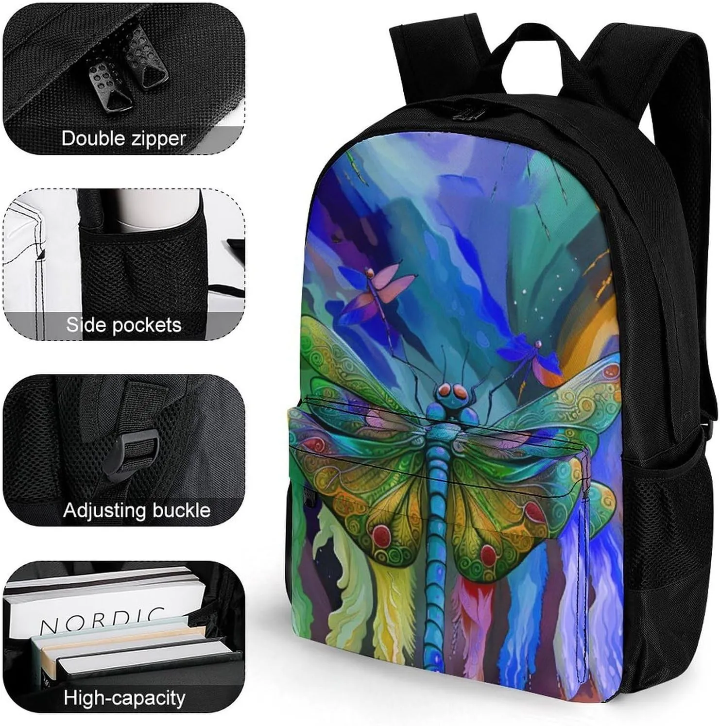 Men Women Lightweight A Vibrant Dragonfly Colorful World Art Casual Daypack Big Capacity Bookbag With Padded Straps for Gym Travel Walking Cycling
