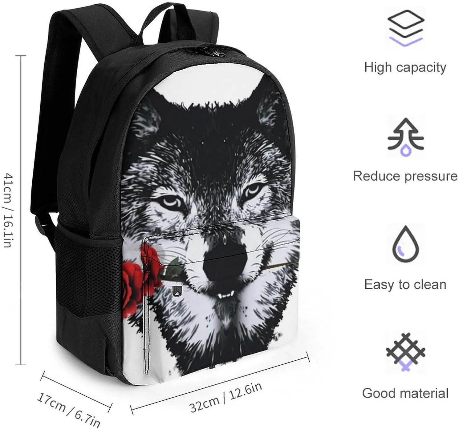 Men Women Lightweight Awesome Wolf Rose Art Backpack Large Capacity Carry On Bag With Padded Straps for Sports Work Walking Cycling