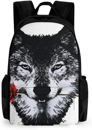 Men Women Lightweight Awesome Wolf Rose Art Backpack Large Capacity Carry On Bag With Padded Straps for Sports Work Walking Cycling
