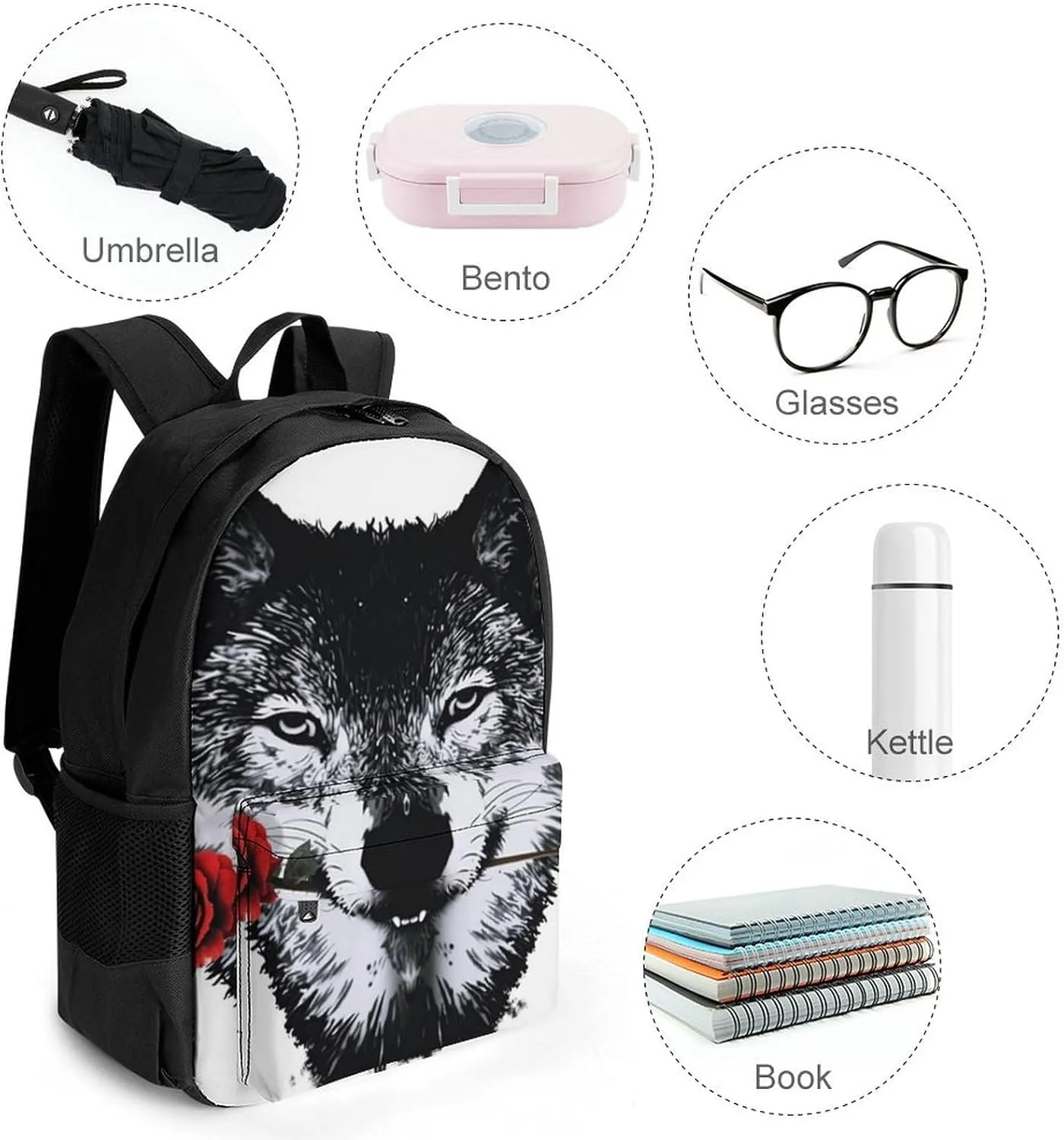 Men Women Lightweight Awesome Wolf Rose Art Backpack Large Capacity Carry On Bag With Padded Straps for Sports Work Walking Cycling
