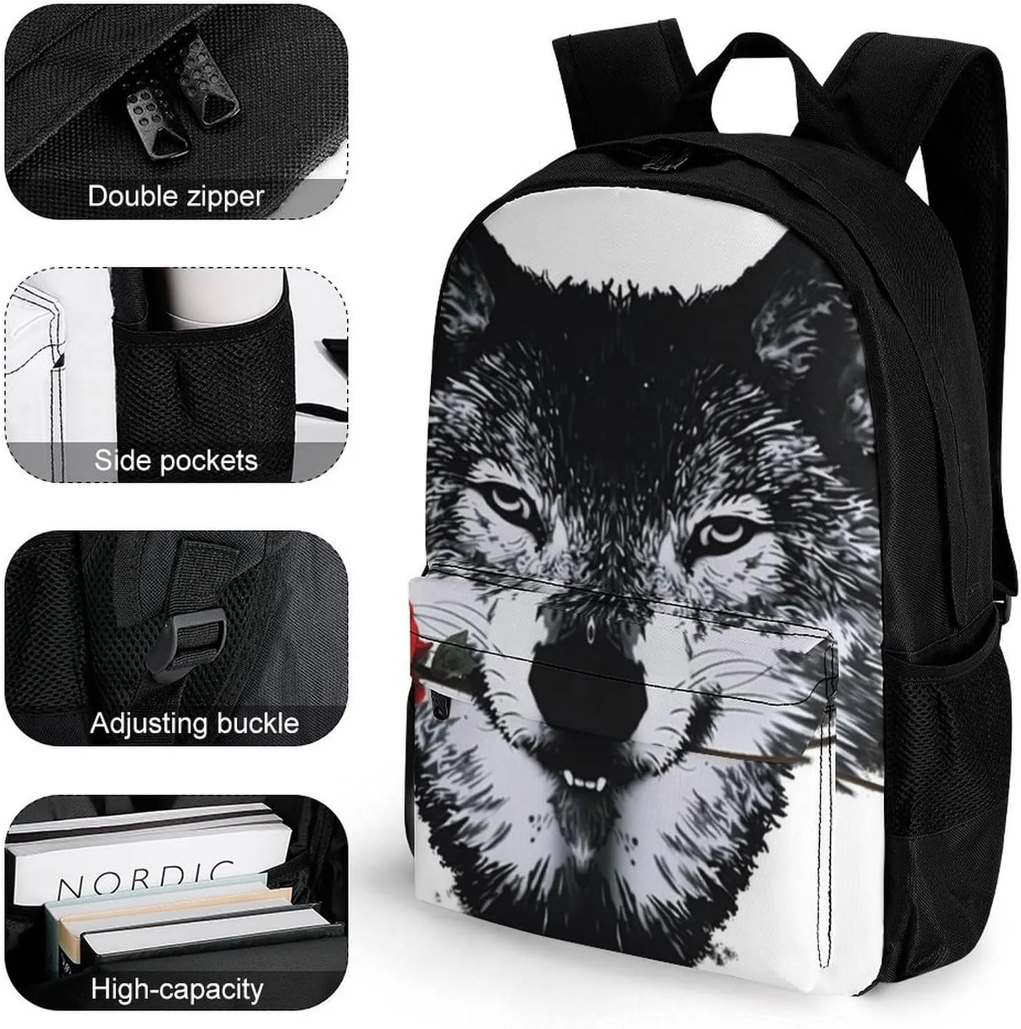 Men Women Lightweight Awesome Wolf Rose Art Backpack Large Capacity Carry On Bag With Padded Straps for Sports Work Walking Cycling
