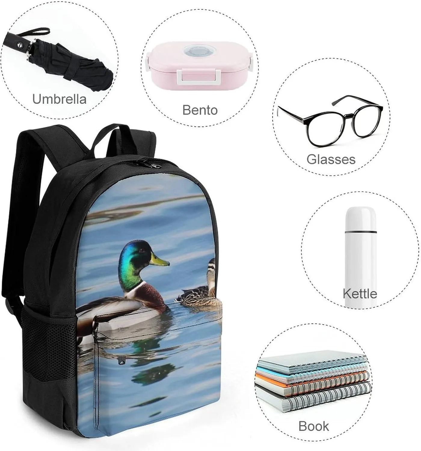 Men Women Lightweight Blue Animals Mallard Ducks Wild Birds Nature Casual Daypack Big Capacity Bookbag With Padded Straps for Gym Travel Walking Cycling