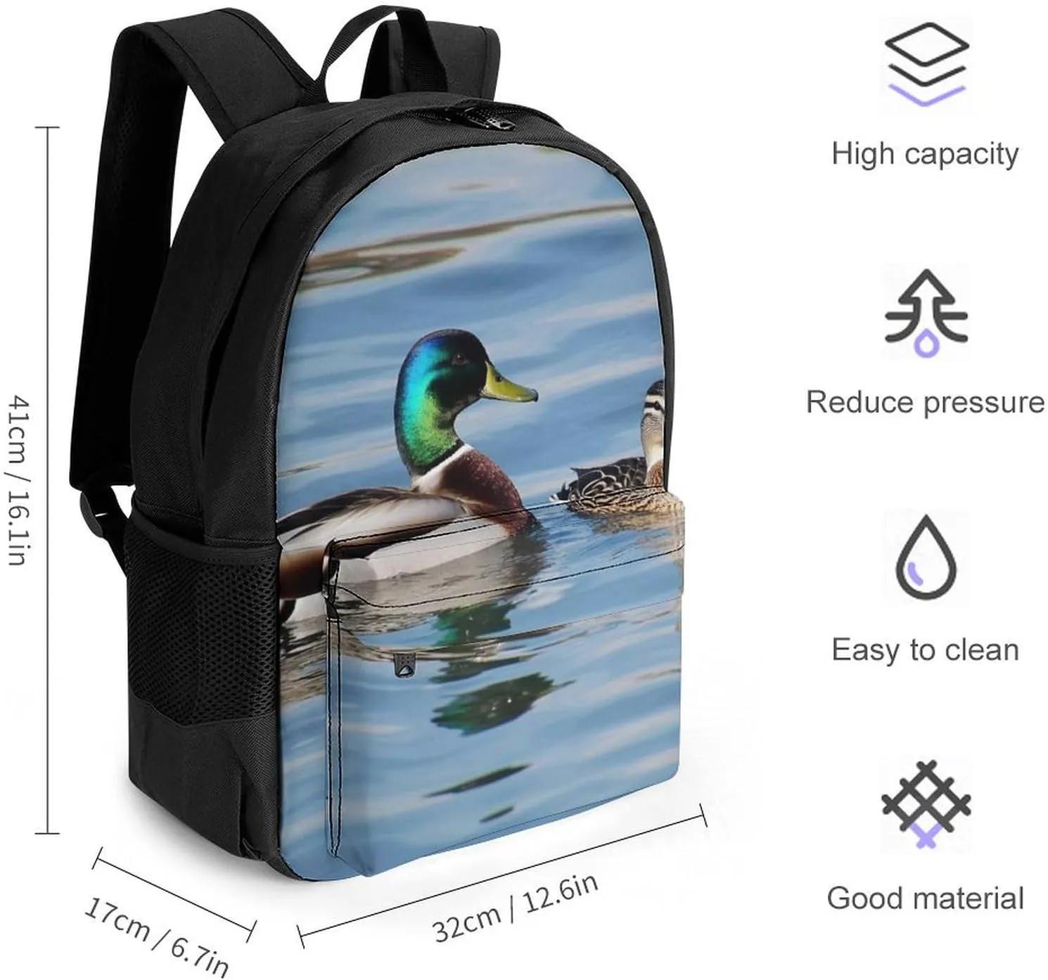 Men Women Lightweight Blue Animals Mallard Ducks Wild Birds Nature Casual Daypack Big Capacity Bookbag With Padded Straps for Gym Travel Walking Cycling