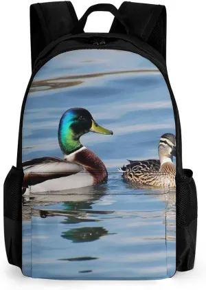 Men Women Lightweight Blue Animals Mallard Ducks Wild Birds Nature Casual Daypack Big Capacity Bookbag With Padded Straps for Gym Travel Walking Cycling