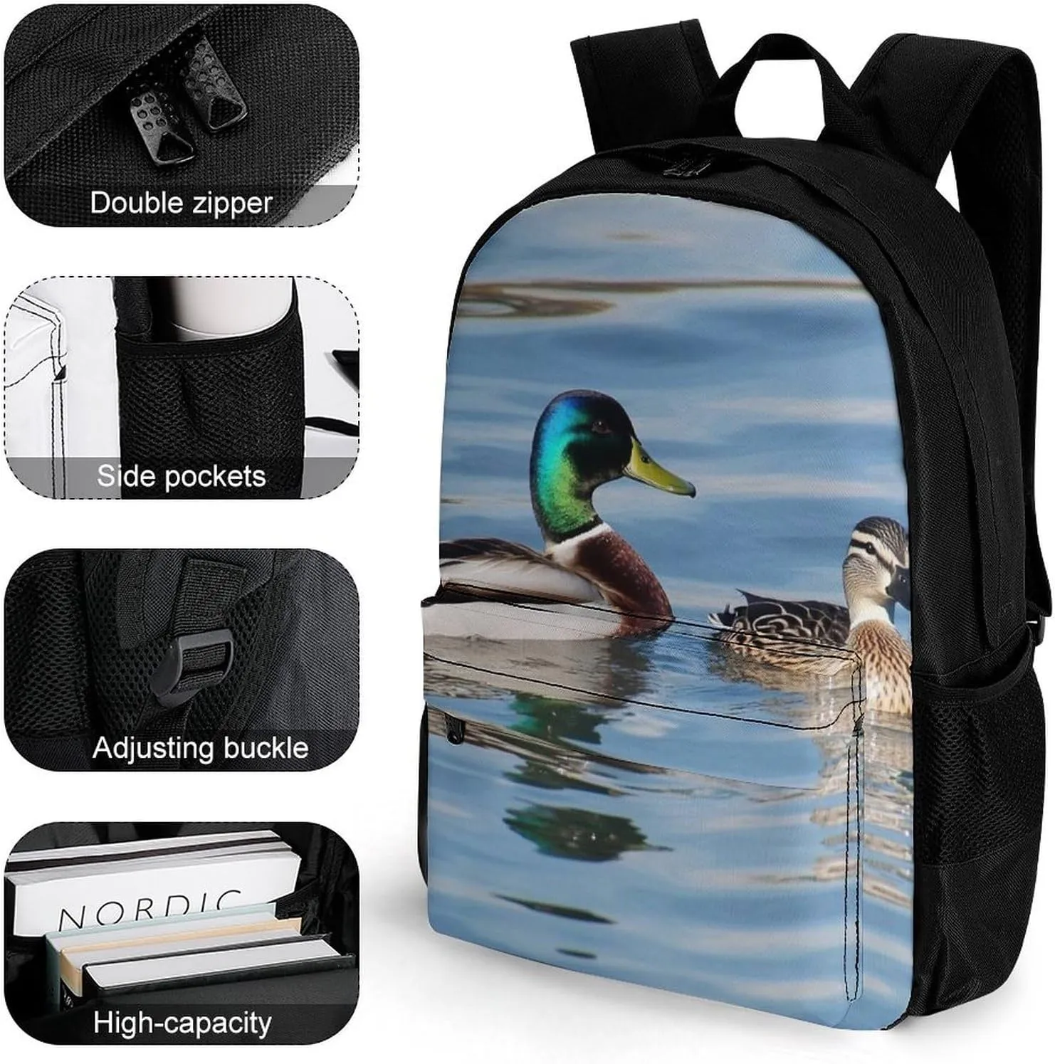 Men Women Lightweight Blue Animals Mallard Ducks Wild Birds Nature Casual Daypack Big Capacity Bookbag With Padded Straps for Gym Travel Walking Cycling
